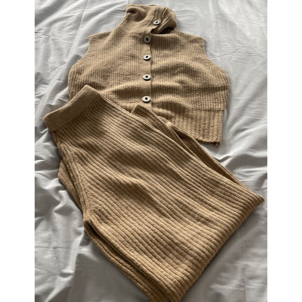 Bless Sport Fashion Knit Sweater Pants Set Beige-M